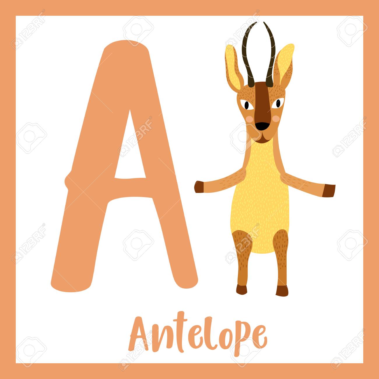 cute children abc animal zoo alphabet a letter flashcard of antelope letter flash card