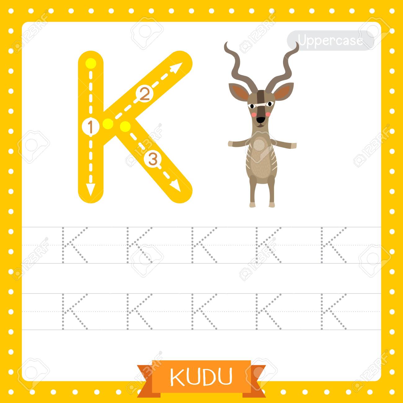 letter k uppercase cute children colorful zoo and animals abc alphabet tracing practice worksheet of kudu standing on two legs for kids learning english vocabulary and handwriting vector illustration royalty free svg