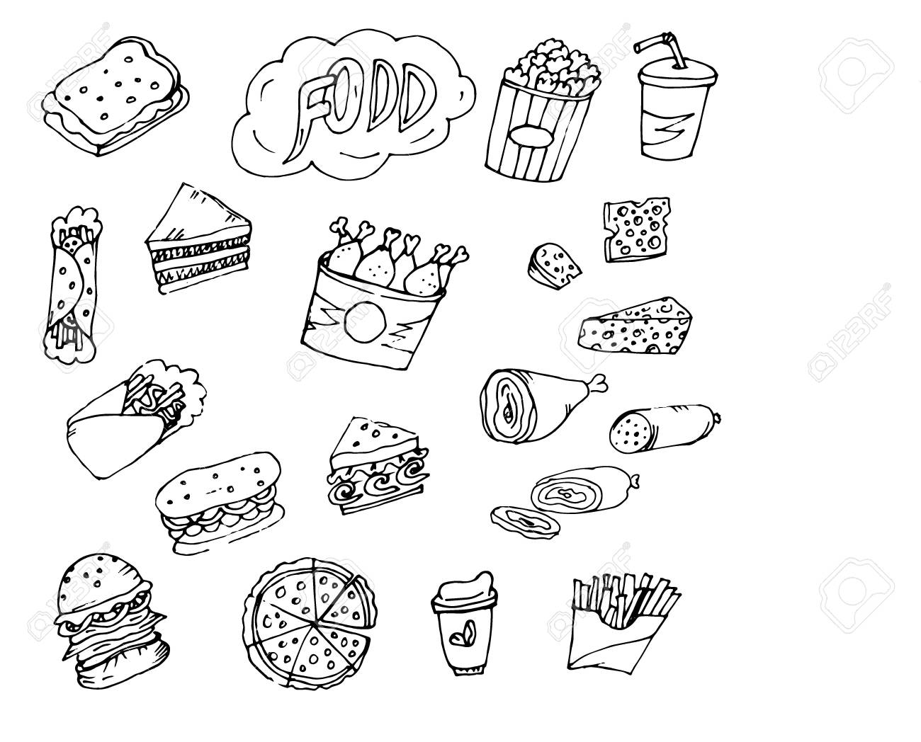 落書き食品のフライド ポテト チキン Shawarma サンドイッチ ラヴァッシュクラッカー ロール 肉 ソーセージ ヤギのチーズ コーヒーを飲む の イラスト素材 ベクタ Image