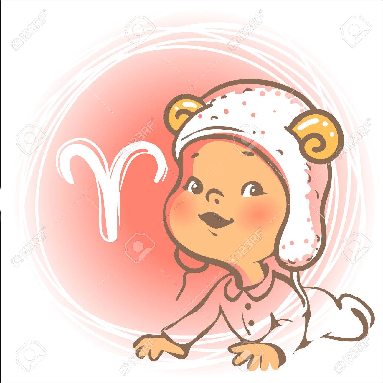子供の星座アイコン 子供の干支 かわいい赤ちゃん男の子か女の子牡羊座星座として 角を持つ面白い動物の帽子 カラフルなイラスト 漫画のキャラクターとして占星術のシンボル のイラスト素材 ベクタ Image