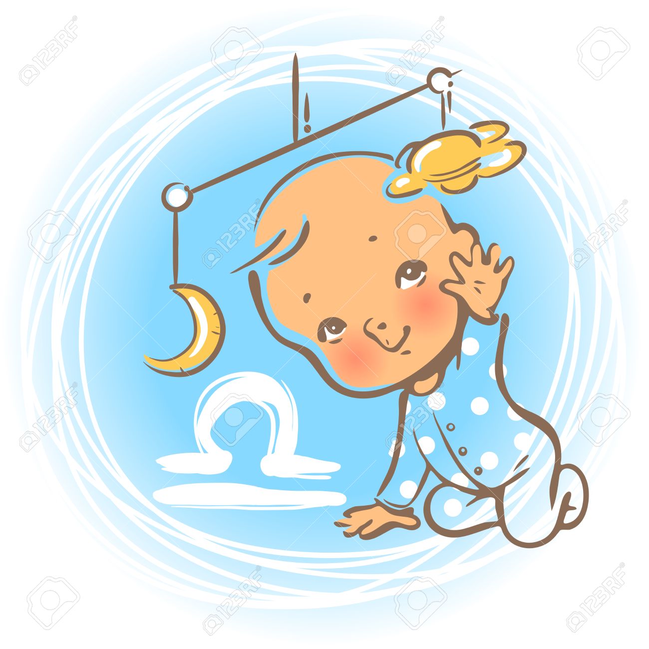 子供の星座アイコン 子供の干支 かわいい赤ちゃん男の子か女の子天秤座星座として ぶら下がっているおもちゃで遊ぶ子供 カラフルなイラスト 漫画のキャラクターとして占星術のシンボル のイラスト素材 ベクタ Image