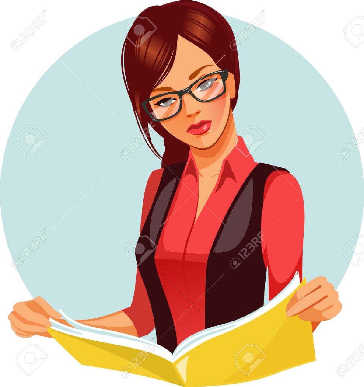Portrait of brunette woman reading book. Beautiful woman wearing glasses reading newspaper. Vector illustration of student learning. Business woman in black and red costume looking for information. - 47448646 Portrait of brunette woman reading book. Beautiful woman wearing glasses reading newspaper. Vector illustration of student learning. Business woman in black and red costume looking for information. - 47448646