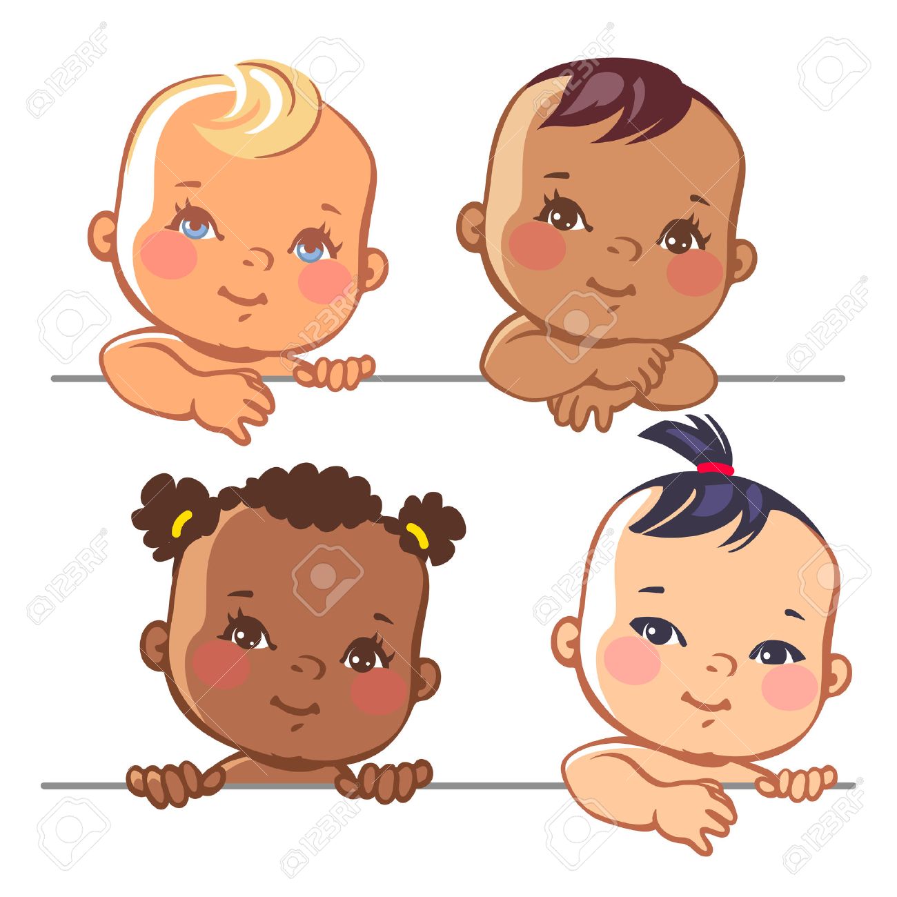 Smiling cartoon baby girls. Multinational baby portrait. Multi-ethnic set of four babies. Different nationalities. illustration for banner or package. - 52236258 Smiling cartoon baby girls. Multinational baby portrait. Multi-ethnic set of four babies. Different nationalities. illustration for banner or package. - 52236258
