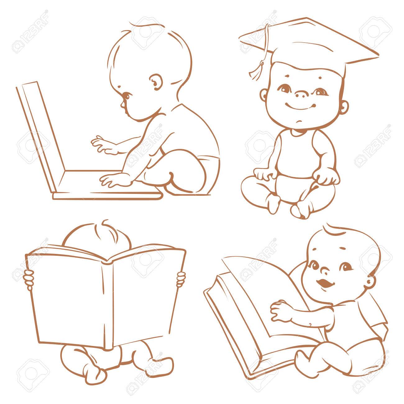 Ensemble Avec Les Bebes Genie Dans Les Couches Mignon Livre Garcon De Lecture Toddler Dans Le Chapeau De Diplome Bebe Avec L Ordinateur Concept De Developpement Des Capacites De L Enfant Et De L Investissement