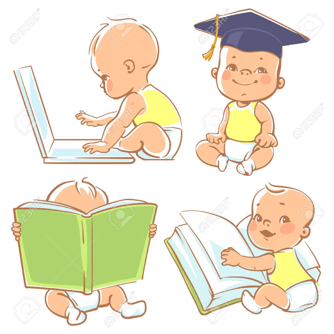 Set with genius babies in diapers. Cute boy reading book. Toddler in graduate cap. Baby with computer. Concept of development of abilities of child and investment in the future of baby - 52237344 Set with genius babies in diapers. Cute boy reading book. Toddler in graduate cap. Baby with computer. Concept of development of abilities of child and investment in the future of baby - 52237344