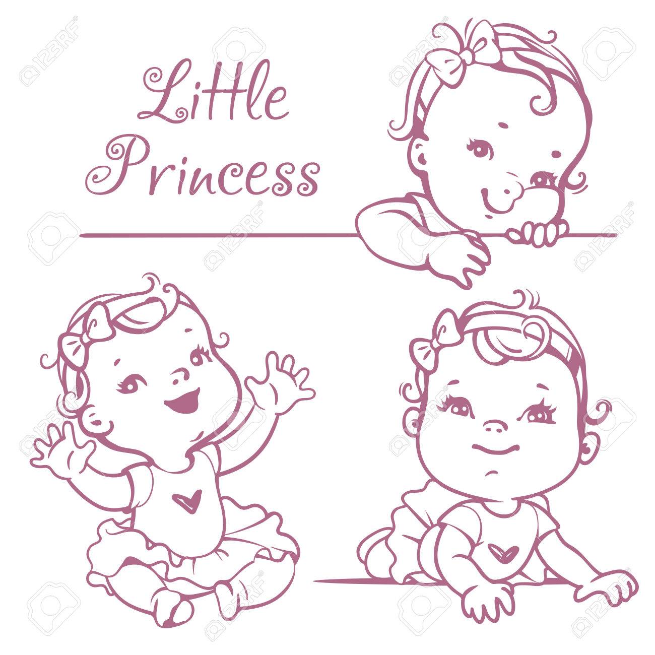 かわいい小さな赤ちゃん女の子と巻き毛を持つ弓 ピンクのチュチュを身に着けているを設定します 幸せな笑顔の子 1 歳の肖像画 リトル プリンセスに座って 横になっている笑顔します モノクロの大ざっぱなベクター イラストです のイラスト素材 ベクタ Image