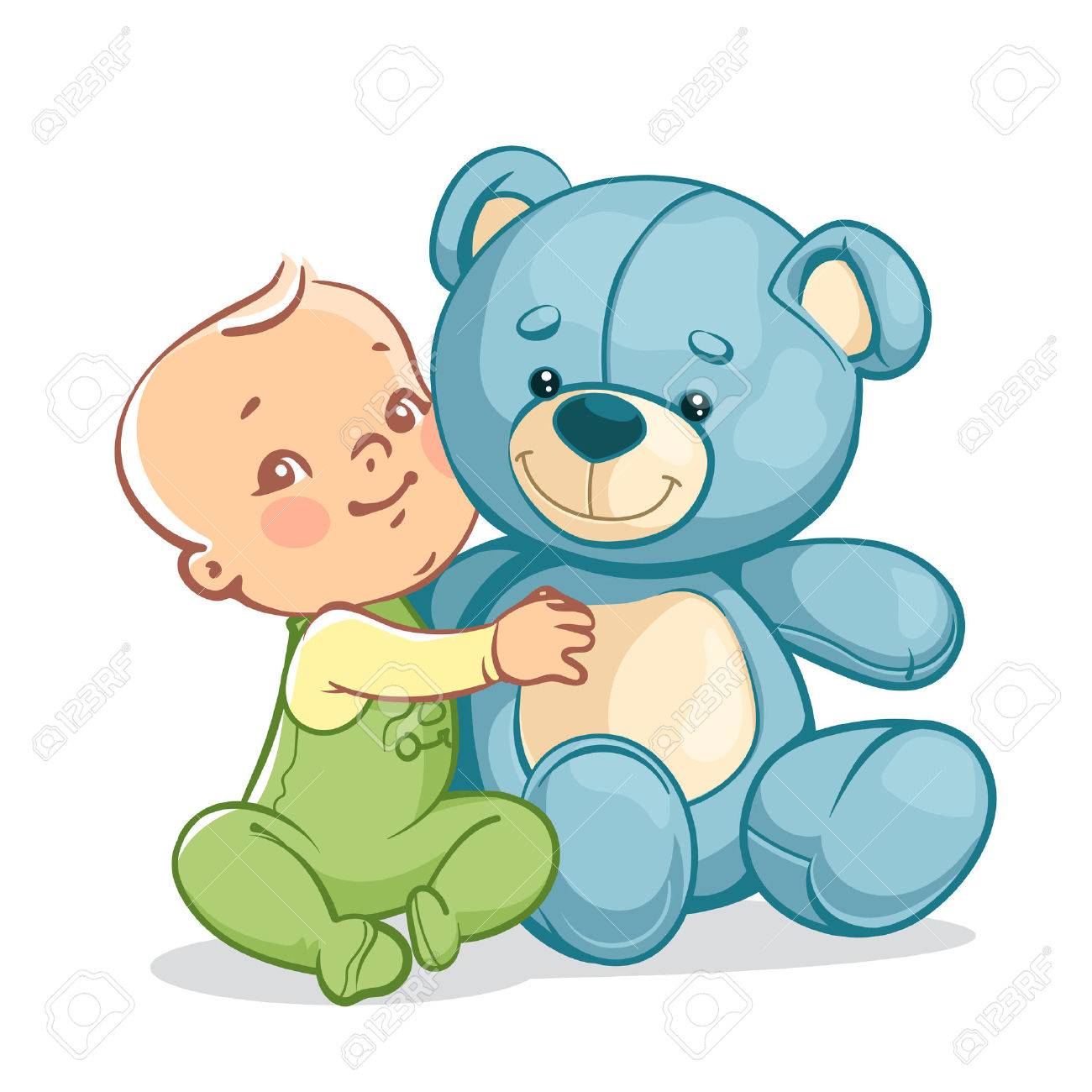 Little baby boy with big toy. One year kid holding teddy bear. Child playing with toy friend. Happy smiling baby sitting, hugging blue teddy bear. Vector illustration isolated on white background. - 63351923 Little baby boy with big toy. One year kid holding teddy bear. Child playing with toy friend. Happy smiling baby sitting, hugging blue teddy bear. Vector illustration isolated on white background. - 63351923