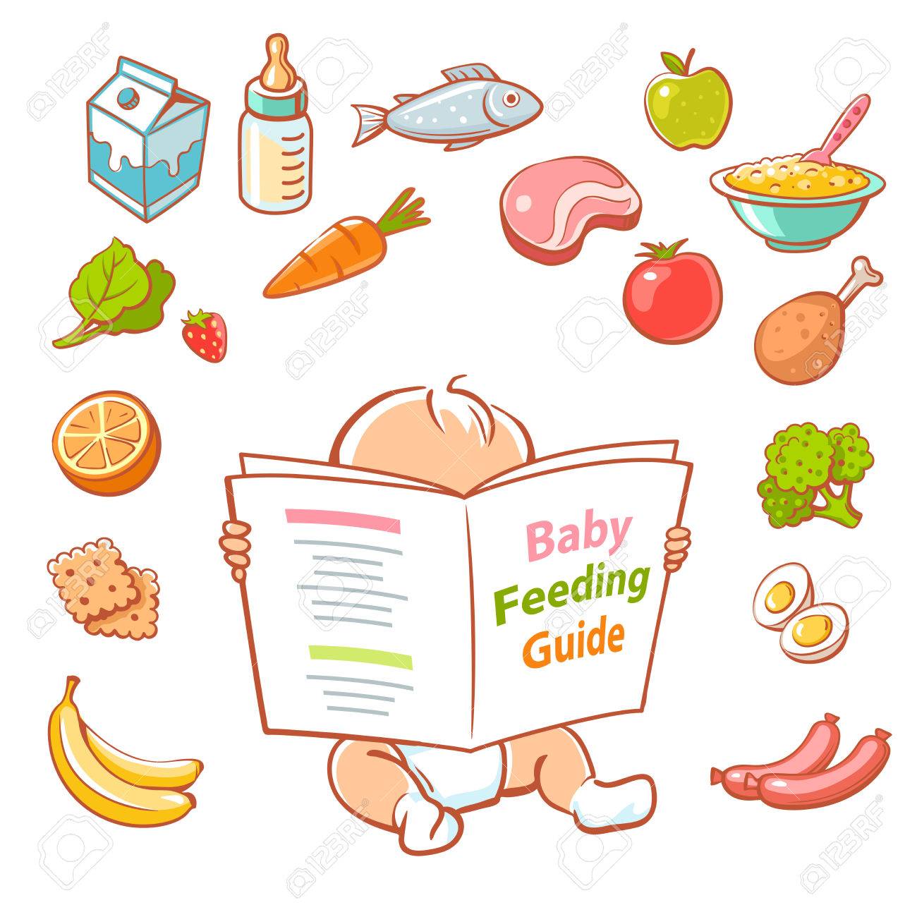Petit Petit Bebe Dans Un Livre De Lecture De Couches Guide D Alimentation Du Bebe Repas Sain Pour Les Enfants Ensemble De Legumes A Dessins Animes Vectoriels Fruits Viande Icones De Lait Menu