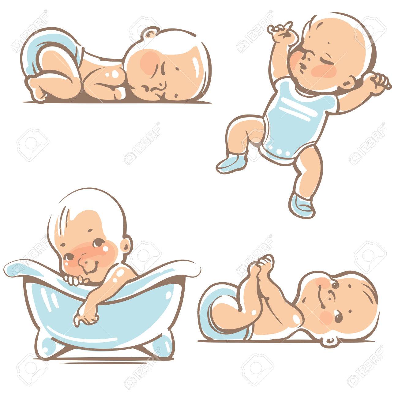 Set with cute baby boys 0-12 months. Various poses. First year activities. Sleeping positions, on stomach, on back, legs in hands. Swimming in bath. Vector Illustration isolated on white background - 74764672 Set with cute baby boys 0-12 months. Various poses. First year activities. Sleeping positions, on stomach, on back, legs in hands. Swimming in bath. Vector Illustration isolated on white background - 74764672