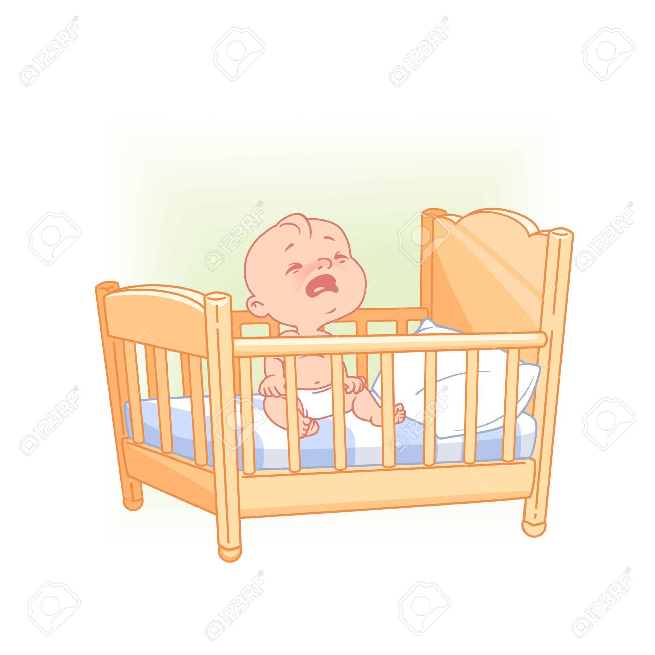 Cute little baby sit awake crying in bed. - 126067387 Cute little baby sit awake crying in bed. - 126067387