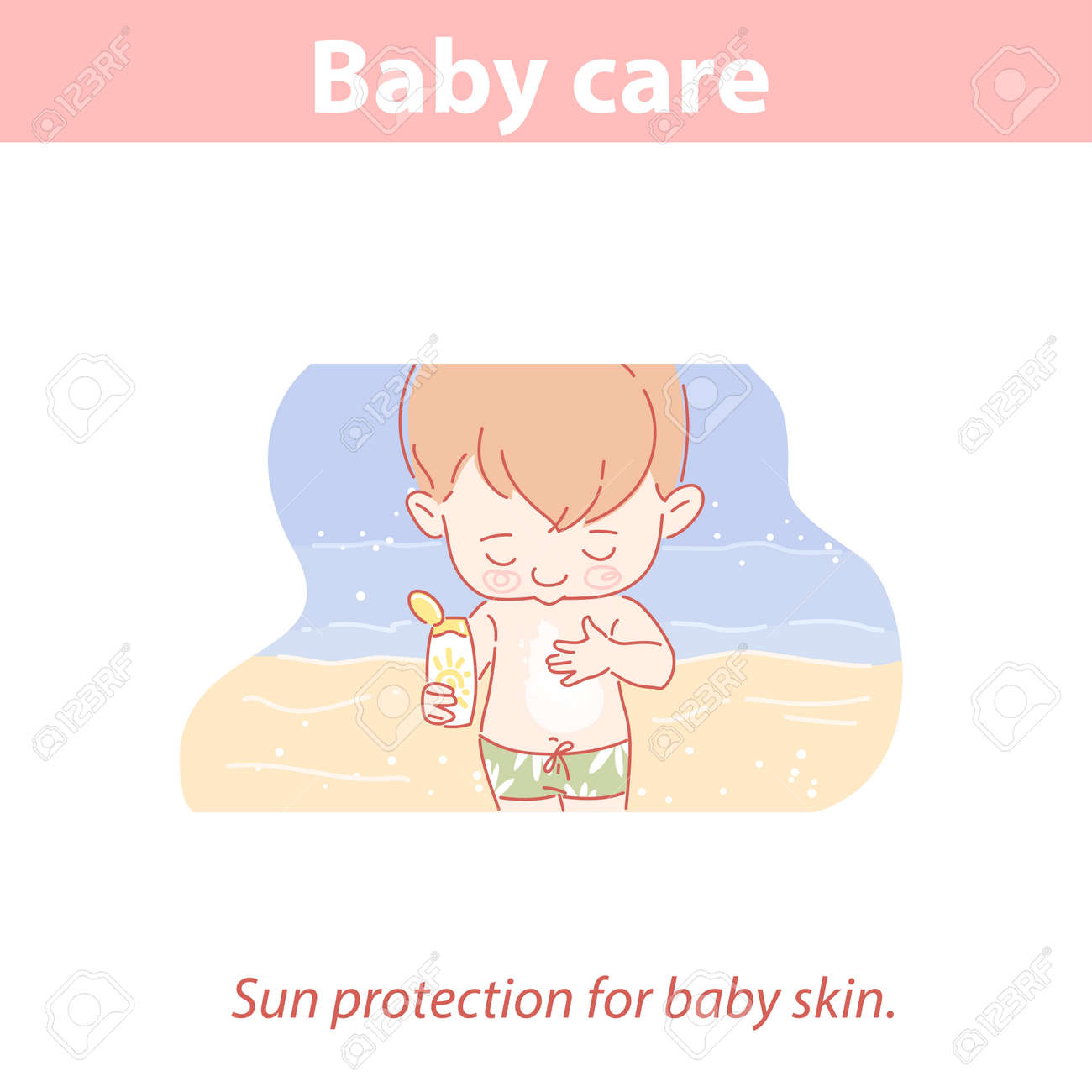 Cute baby apply sunscreen on his stomach. - 156388060 Cute baby apply sunscreen on his stomach. - 156388060