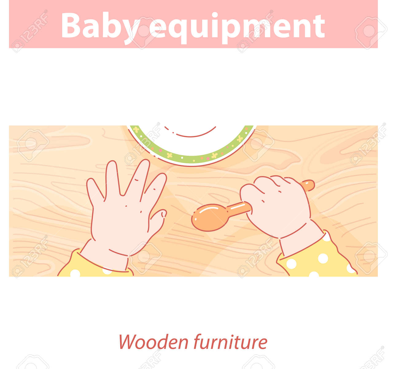 Baby hands on wood table. Baby equipment - 157941403 Baby hands on wood table. Baby equipment - 157941403