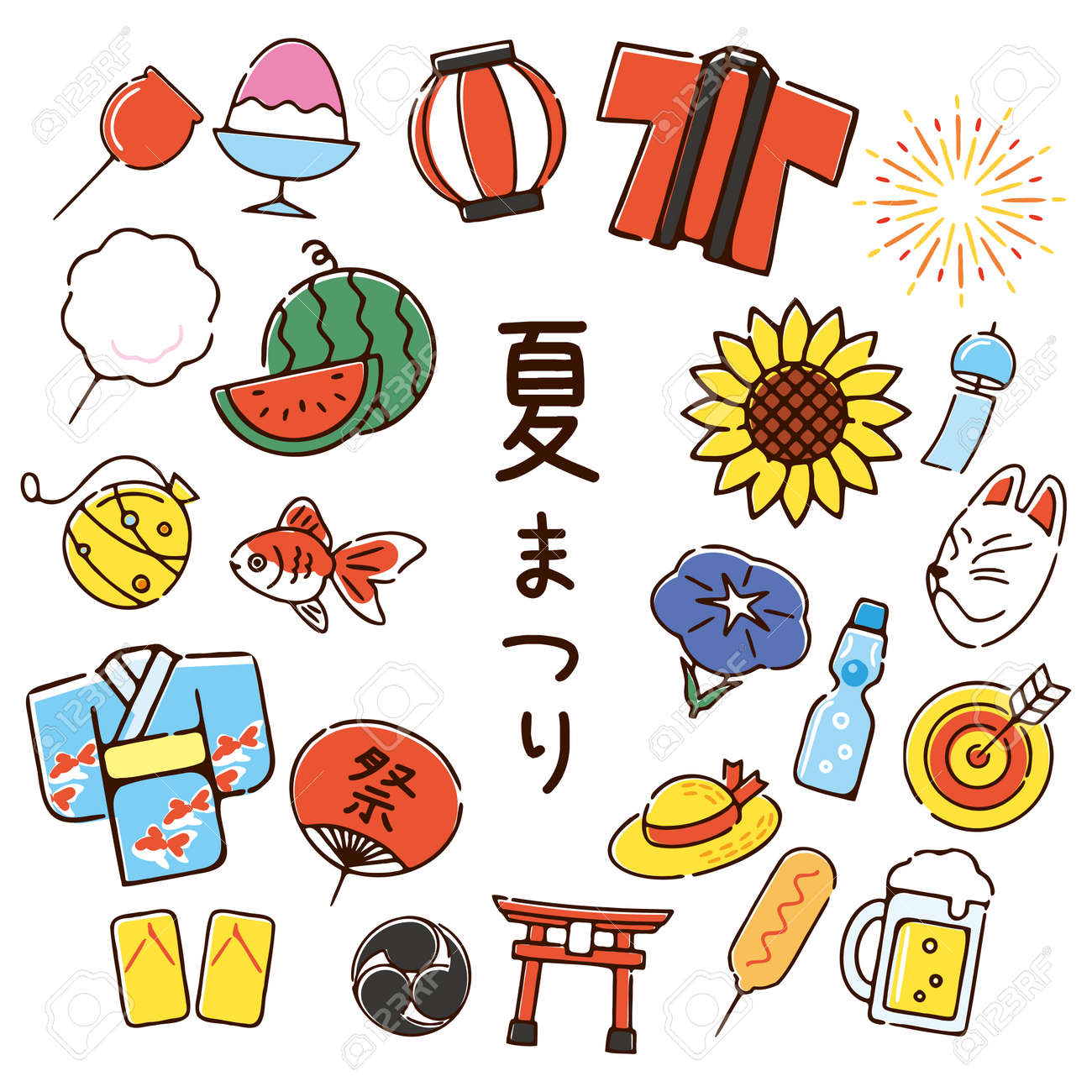 ◇夏祭りの朝◇手描きイラスト 日本の夏祭り手描きアイコンのイラスト素材・ベクター Image
