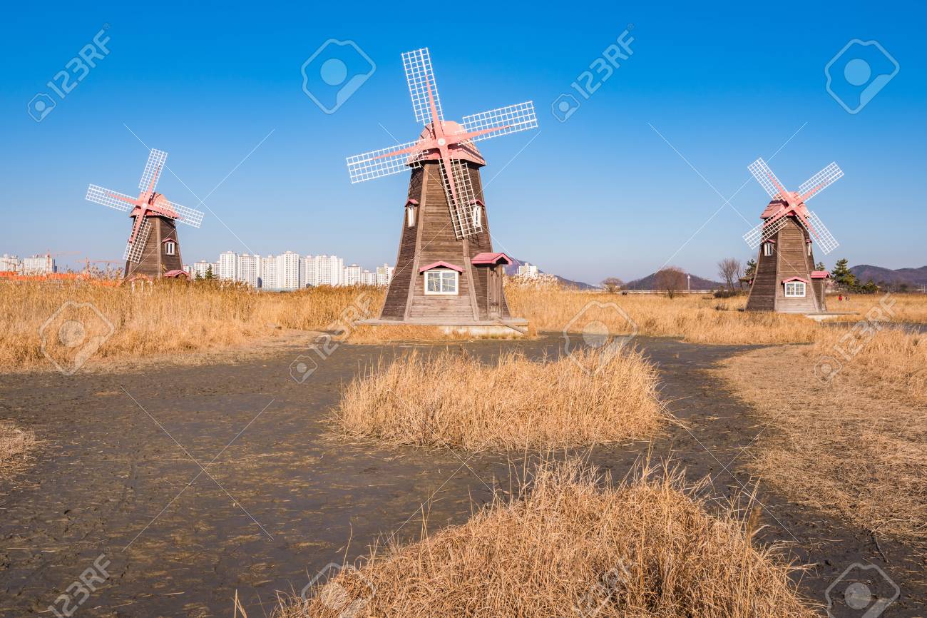 古い木製風車公園 韓国内のフィールド の写真素材 画像素材 Image