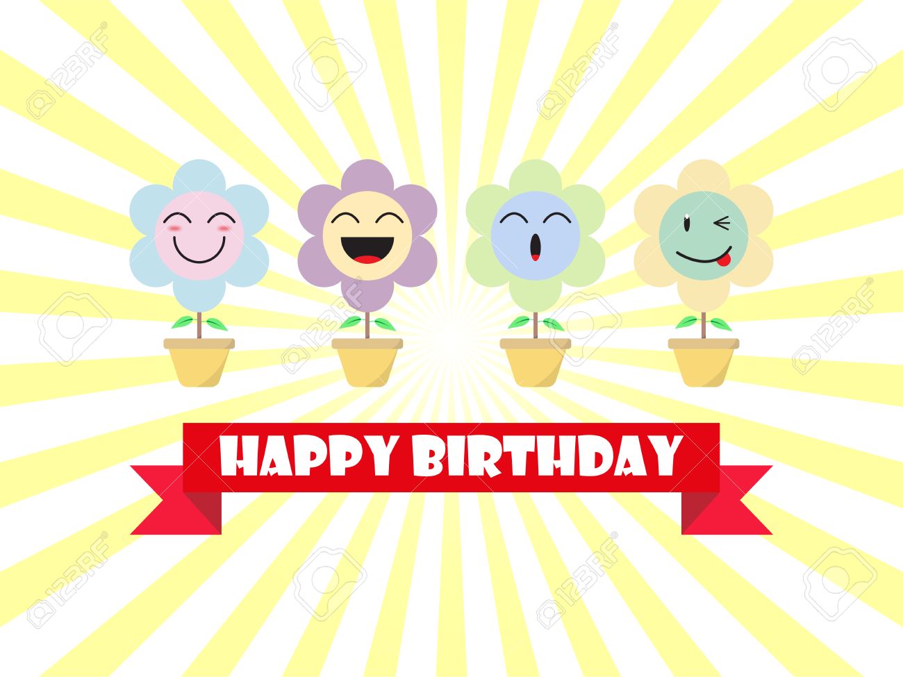Carte De Joyeux Anniversaire Emoji De Fleur Pastel Mignon Concu Comme 4 Expressions Faciales De Dessin Anime Heureux Sourire Rire Ho Ho Clin D Oeil Utile Pour La Benediction De Joyeux Anniversaire Le