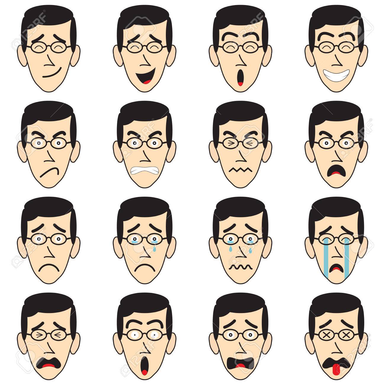 16 Man-Face-With-Eyeglasses Emoji On White Background As 4 Groups Of Facial Expressions, Happy, Angry, Sad, Frightened. Useful For General Cartoon Face And Emotional Reaction. Royalty Free SVG, Cliparts, Vectors, And Stock Illustration. 16 Man-Face-With-Eyeglasses Emoji On White Background As 4 Groups Of Facial Expressions, Happy, Angry, Sad, Frightened. Useful For General Cartoon Face And Emotional Reaction. Royalty Free SVG, Cliparts, Vectors, And Stock Illustration.
