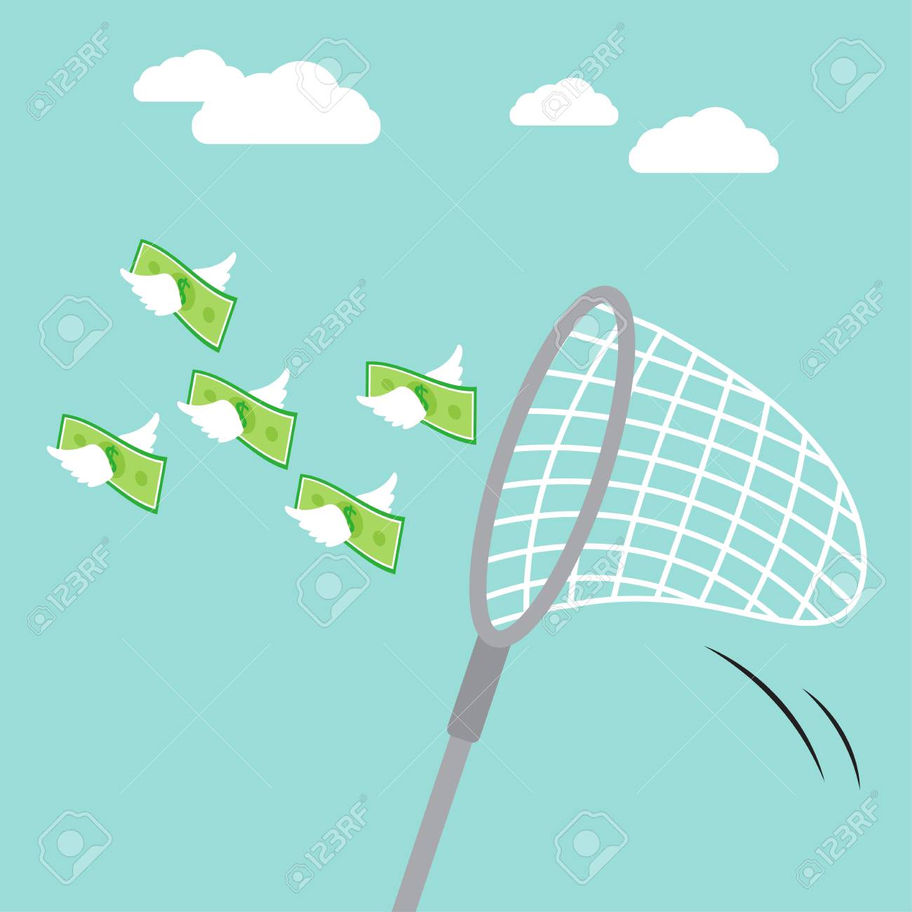 掃引として設計図ビジネス コンセプトをベクトル飛んで空中に白い翼を持つお金ネットを引きます それより多くの収入を生成することができる機会を捉えを意味します のイラスト素材 ベクタ Image