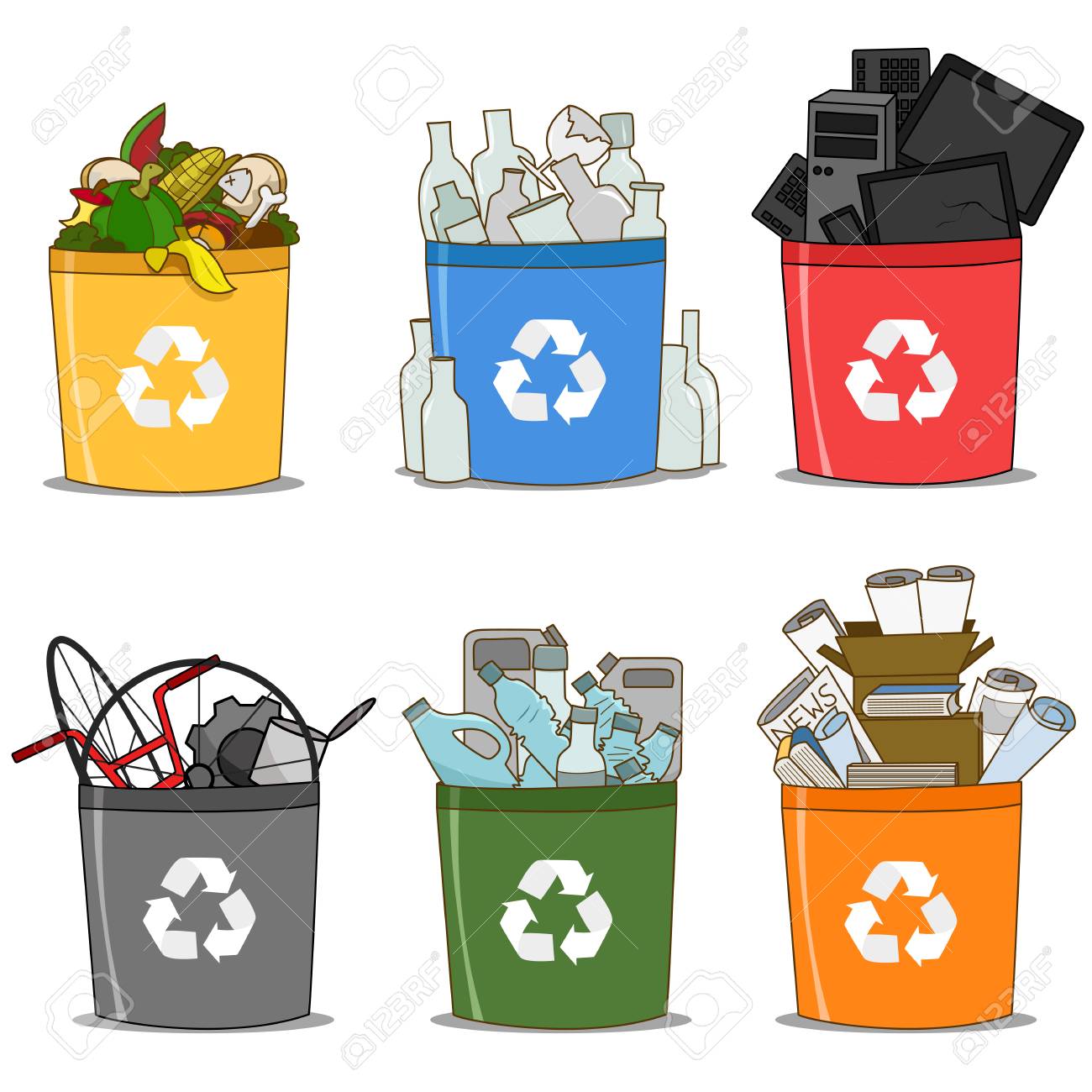 Colorful recycle bin organic, glass, e-waste, paper, plastic and metal. recycle concept - 102589432 Colorful recycle bin organic, glass, e-waste, paper, plastic and metal. recycle concept - 102589432