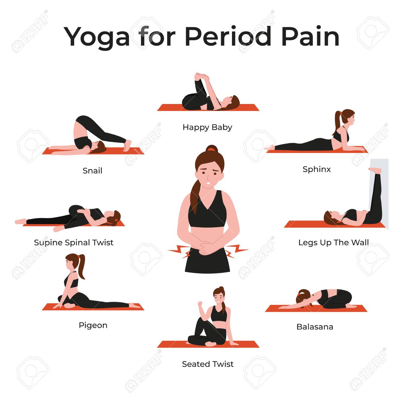 Set Yoga Poses Or Asana For Period Pain For Female. Simple Poses For Beginners. Flat Vector Cartoon Modern Illustration. Royalty Free SVG, Cliparts, Vectors, And Stock Illustration. Image 146414201. Set Yoga Poses Or Asana For Period Pain For Female. Simple Poses For Beginners. Flat Vector Cartoon Modern Illustration. Royalty Free SVG, Cliparts, Vectors, And Stock Illustration. Image 146414201.