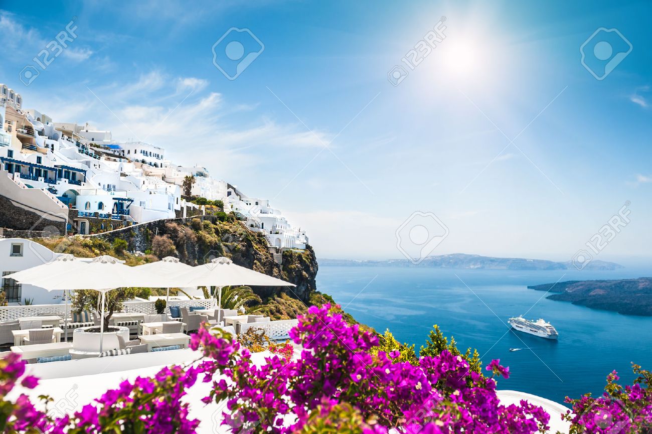 White architecture on Santorini island, Greece. Beautiful landscape with sea view - 45368432 White architecture on Santorini island, Greece. Beautiful landscape with sea view - 45368432
