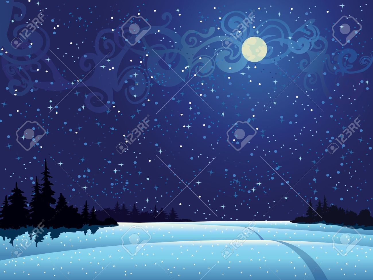 Beautiful wintry landscape with night sky, snow-covered nature and light moon - 10855615 Beautiful wintry landscape with night sky, snow-covered nature and light moon - 10855615