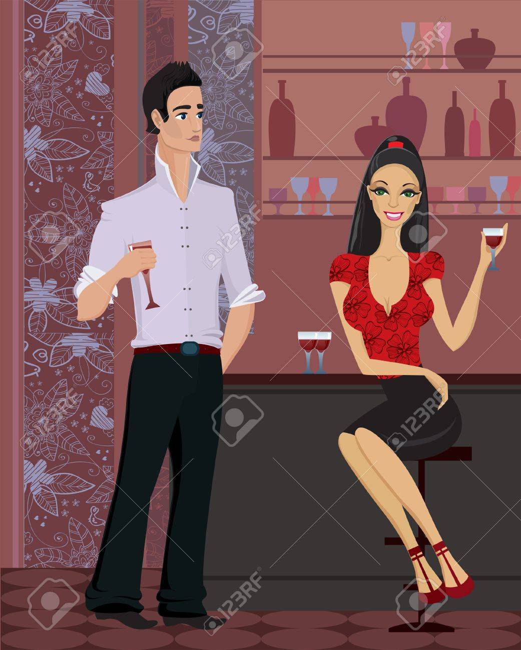 美しい陽女性や バーでワインの立っているガラスを持つハンサムな男のイラスト素材 ベクタ Image