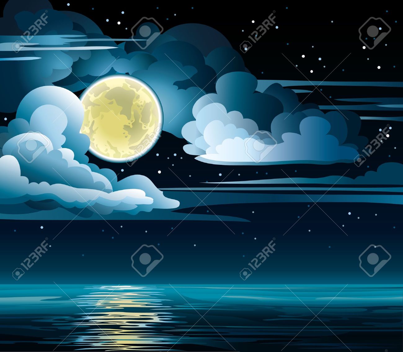 Vector night cloudy sky with stars, yellow moon and calm sea - 12816930 Vector night cloudy sky with stars, yellow moon and calm sea - 12816930