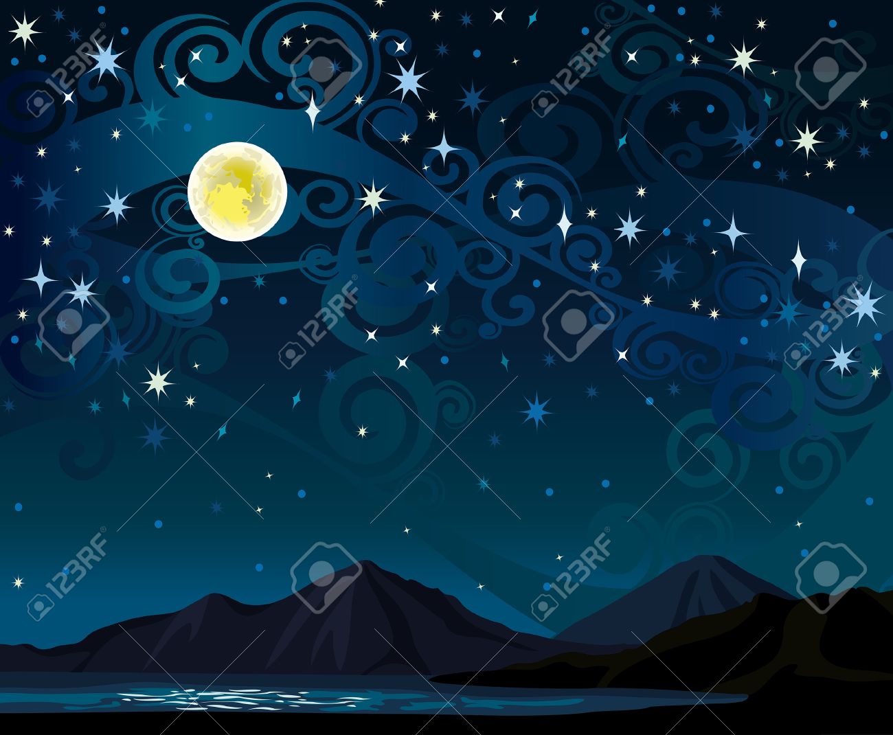 Nuit Le Ciel étoilé Avec La Pleine Lune Jaune Montagnes Et Le Lac Calme