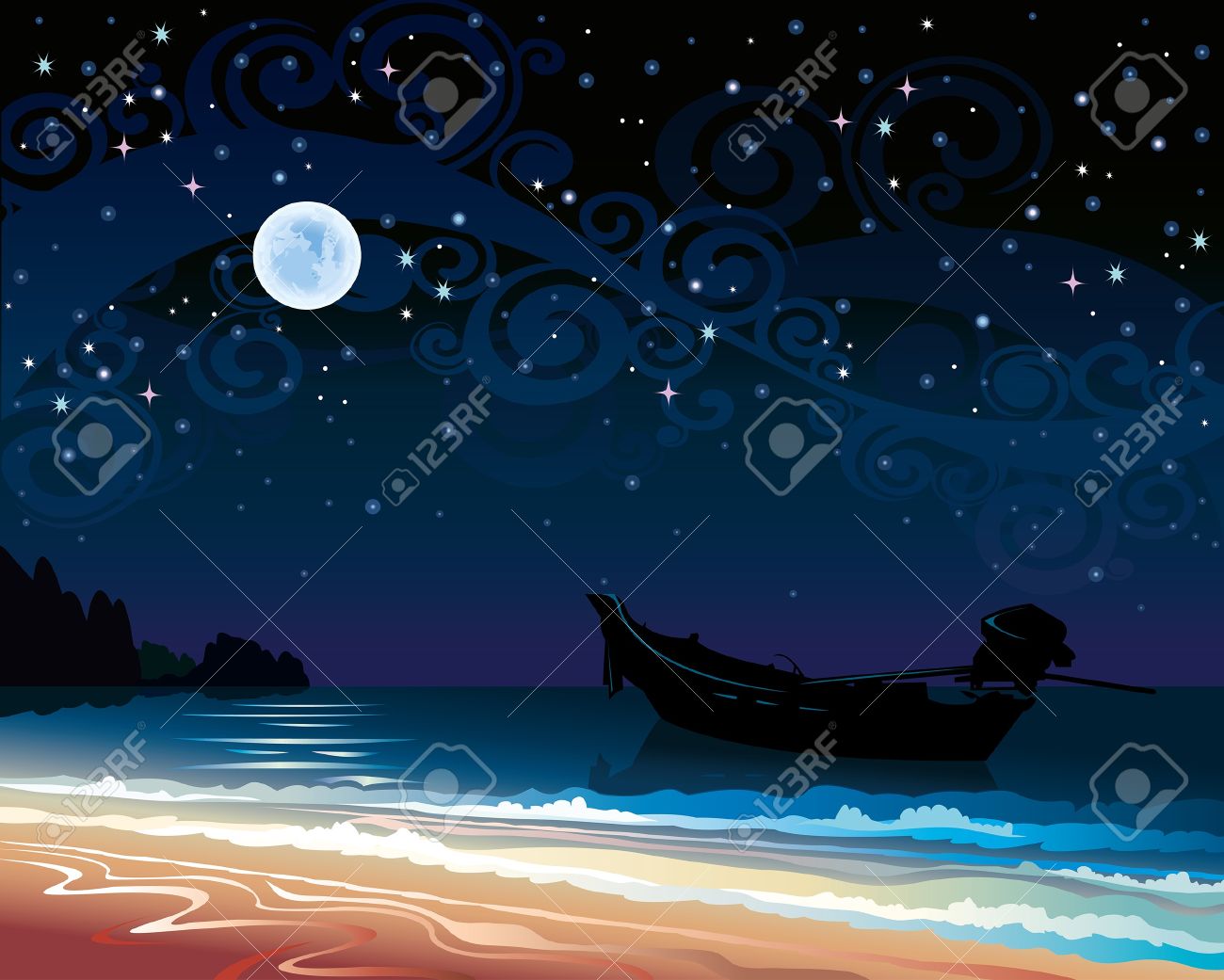 満月 休日 海とビーチと夜の星空のイラスト素材 ベクタ Image