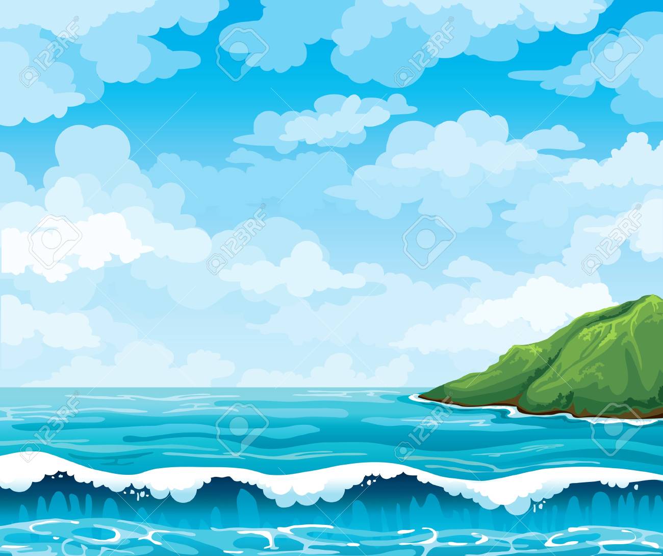 海の波と 青い曇り空を背景に緑豊かな島 のイラスト素材 ベクタ Image 海の波と 青い曇り空を背景に緑豊かな島 のイラスト素材 ベクタ Image