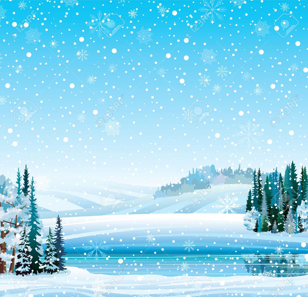 Vector winter landscape with frozen lake, forest, hill and snowfall - 16965862 Vector winter landscape with frozen lake, forest, hill and snowfall - 16965862
