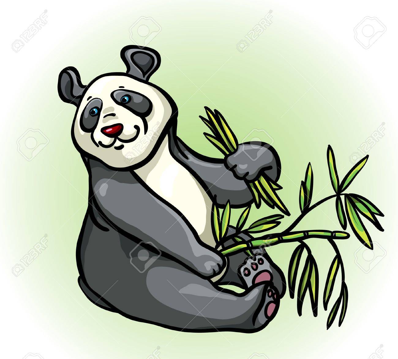 笹の葉 緑の背景の上に座ってと漫画面白いパンダ のイラスト素材 ベクタ Image