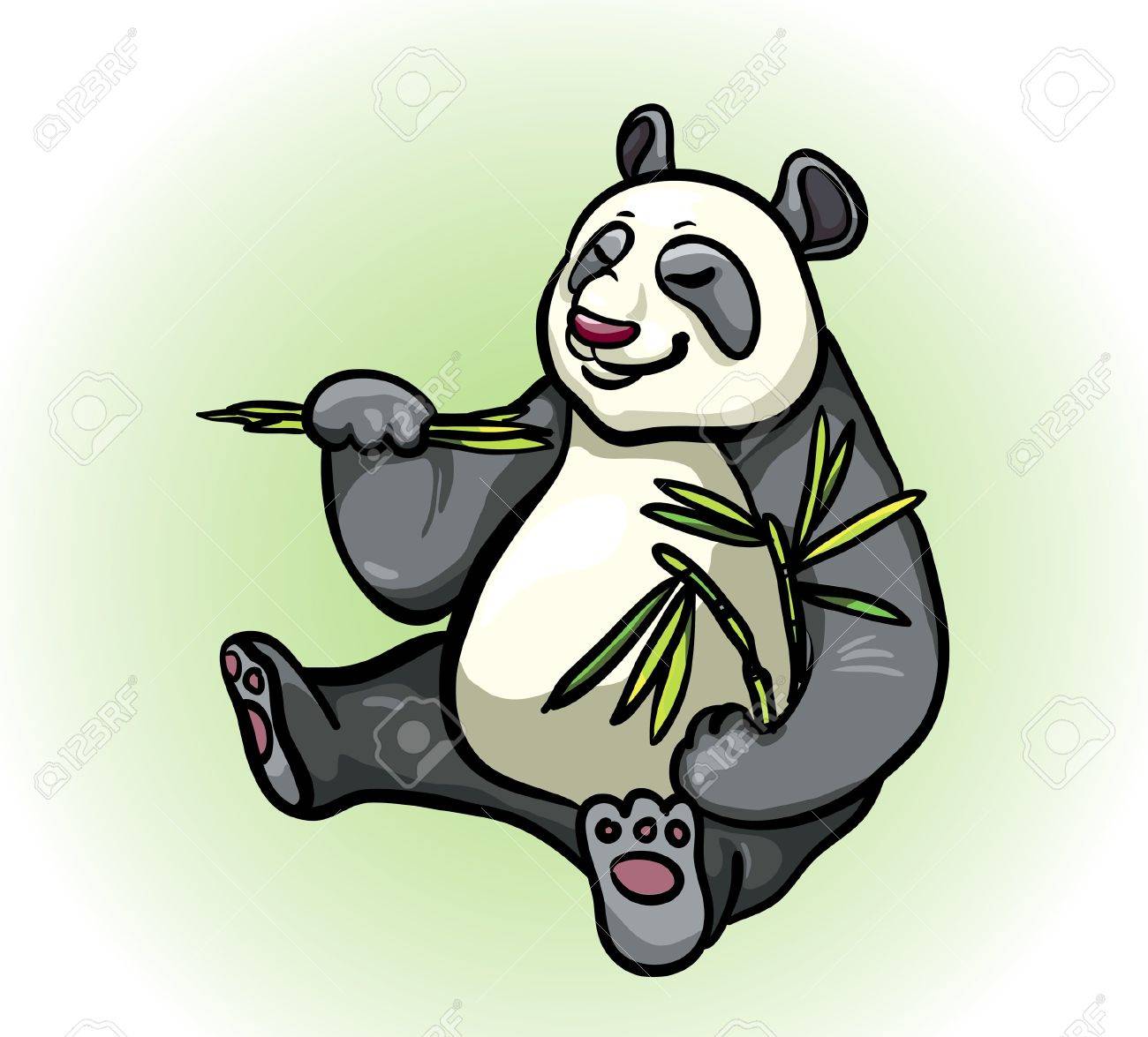 笹の葉 緑の背景の上に座ってと漫画面白いパンダのイラスト素材 ベクタ Image