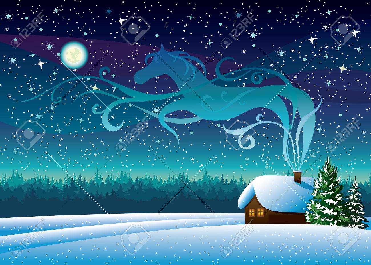 星空の夜背景に雪小屋と魔法の馬シルエット ベクトル冬の風景のイラスト素材 ベクタ Image 星空の夜背景に雪小屋と魔法の馬シルエット ベクトル冬の風景のイラスト素材 ベクタ Image