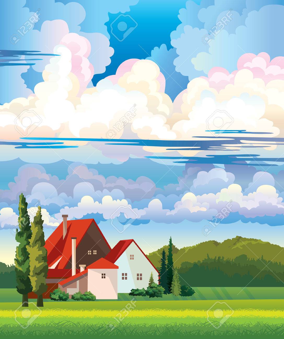 夏の田舎風景 曇り空に緑の草原と赤い屋根の小屋 自然のベクトル のイラスト素材 ベクタ Image