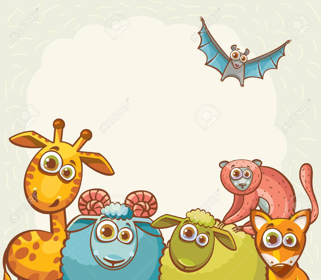 幼稚なベクター イラストです 面白い漫画動物キリン フォックス キツネザル 羊 Ram バット のイラスト素材 ベクタ Image