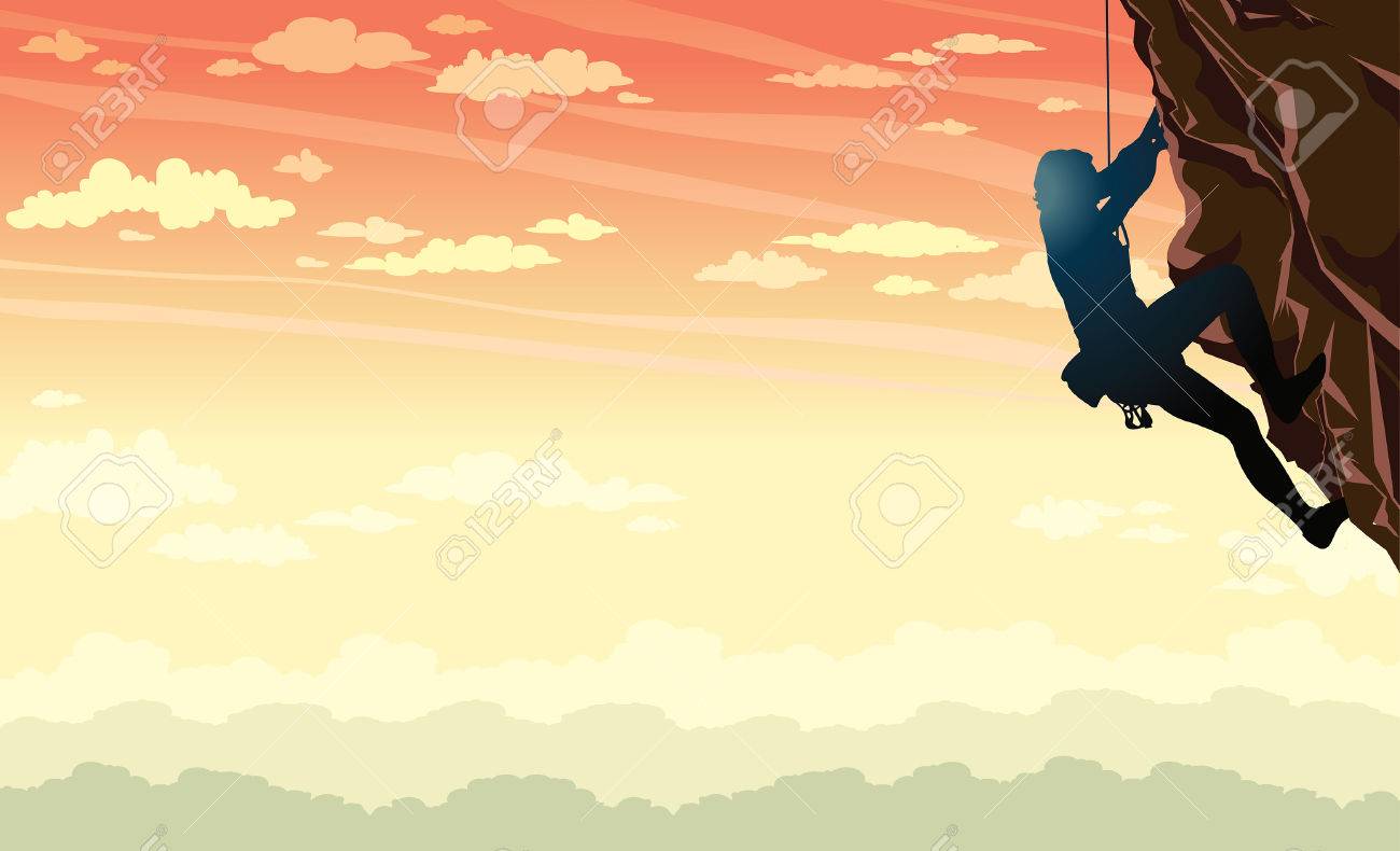 スポーツ 夕焼け空の背景にロッククライマーのシルエットのベクター イラストです のイラスト素材 ベクタ Image