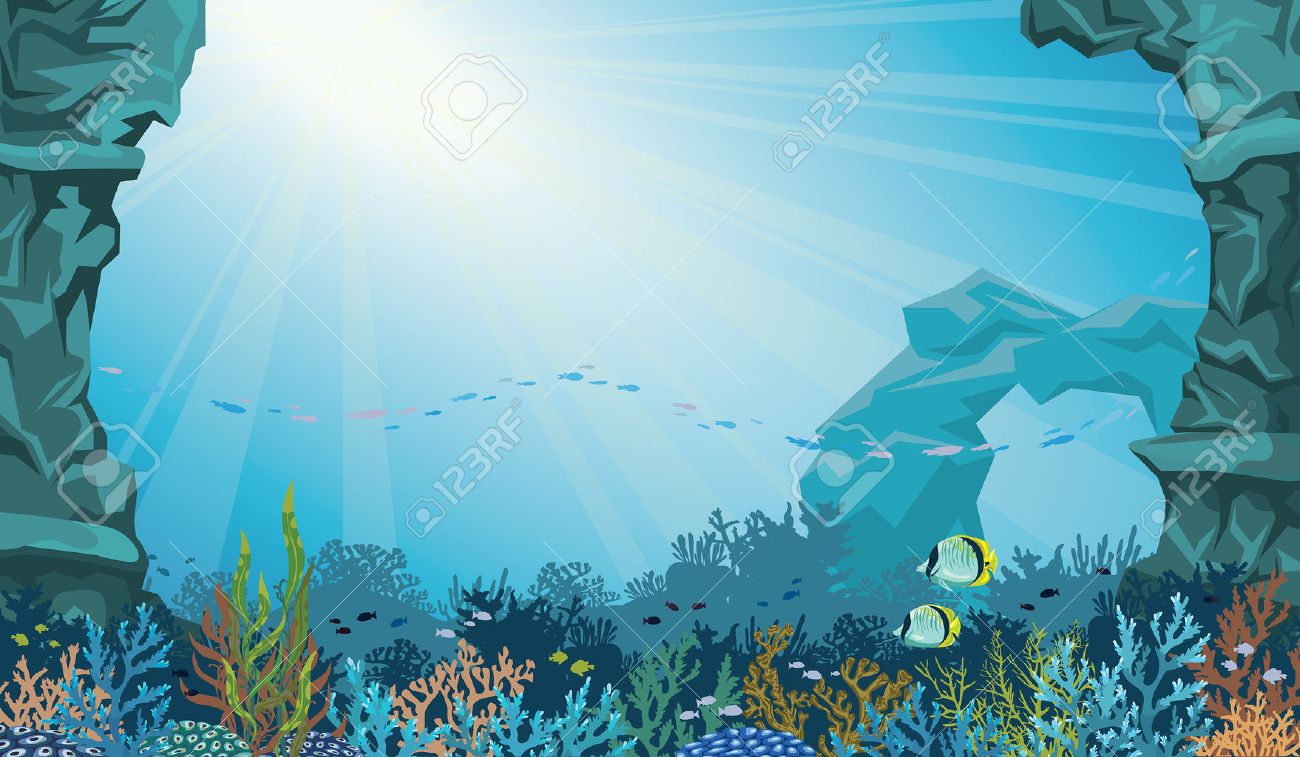 Coral reef with school of fish and underwater arch on a blue sea background. Underwater seascape vector illustration. - 47782746 Coral reef with school of fish and underwater arch on a blue sea background. Underwater seascape vector illustration. - 47782746