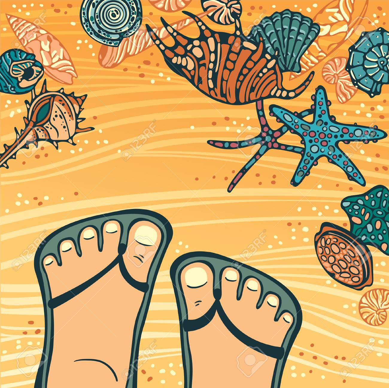 Vecor Illustration Tropicale Avec Pied Dessin Animé En Tongs Et Coquillages Colorés Et étoiles De Mer Sur Une Plage Jaune