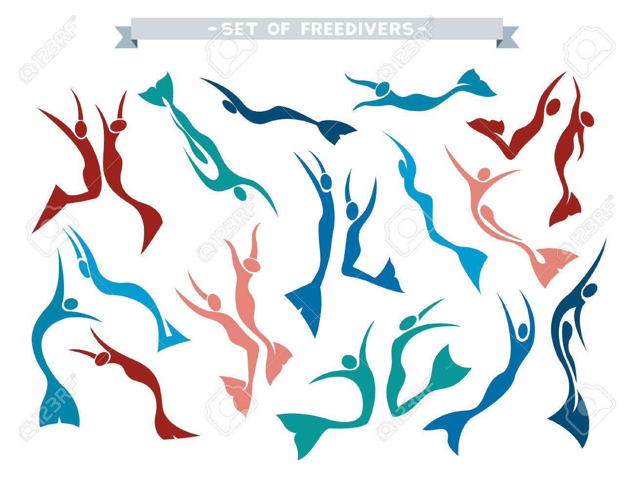 Vector collection with isolated silhouette of freedivers in monofin on a white background. Set with different pose of free divers. - 52916884 Vector collection with isolated silhouette of freedivers in monofin on a white background. Set with different pose of free divers. - 52916884