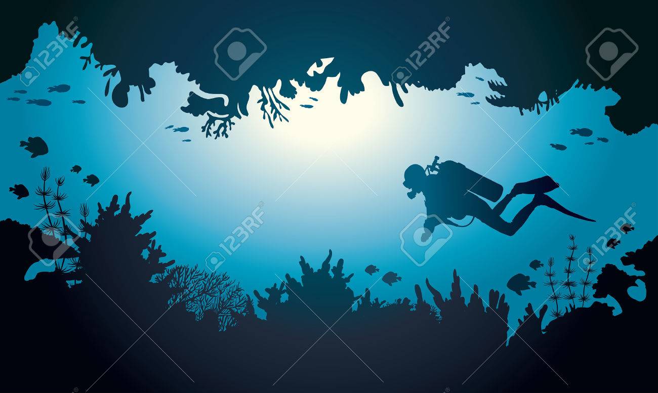Silhouette of scuba diver and coral reef with fish on a blue sea. Vector illustration with tropical underwater cave. - 58741382 Silhouette of scuba diver and coral reef with fish on a blue sea. Vector illustration with tropical underwater cave. - 58741382