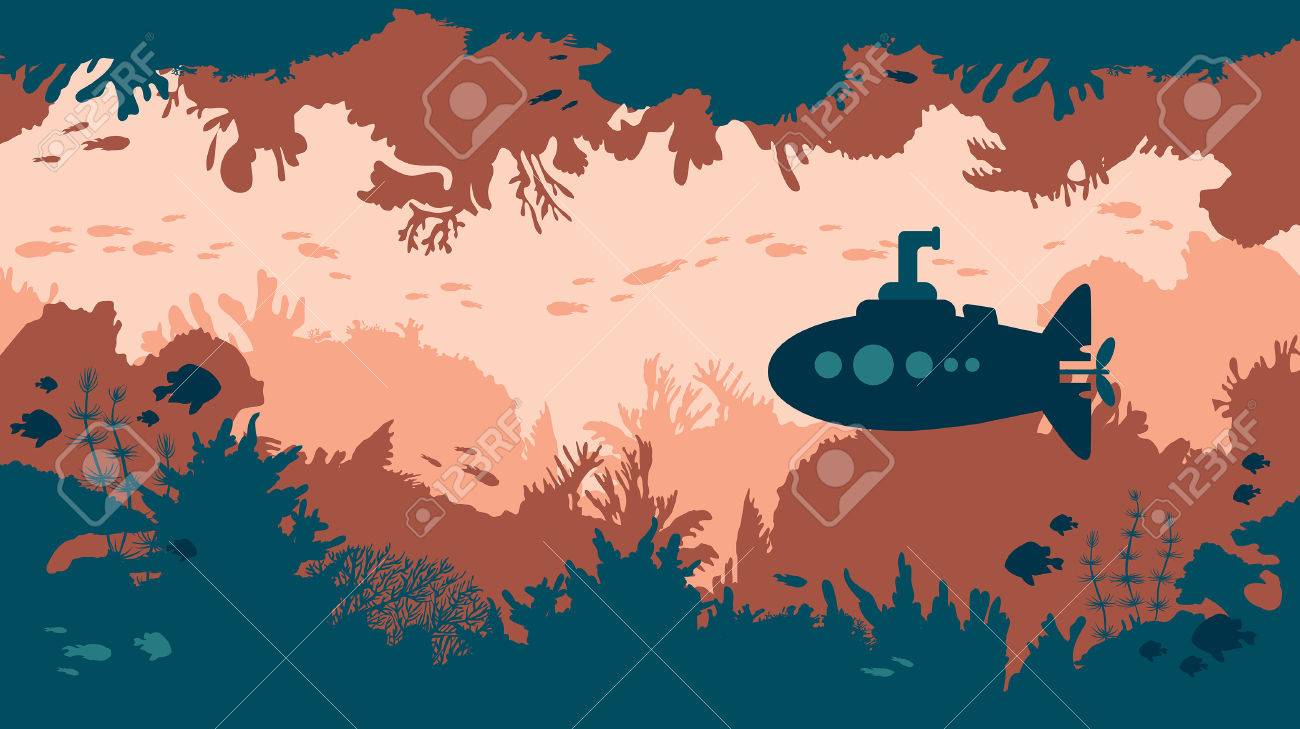 青い潜水艦と魚とサンゴ礁のシルエット 漫画の水中洞窟 ベクトル海のイラスト のイラスト素材 ベクタ Image 青い潜水艦と魚とサンゴ礁のシルエット 漫画の水中洞窟 ベクトル海のイラスト のイラスト素材 ベクタ Image