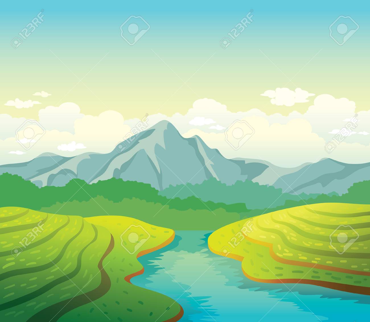 朝夏の自然風景 緑の野原 静かな川と曇り空の背景に山の図 のイラスト素材 ベクタ Image