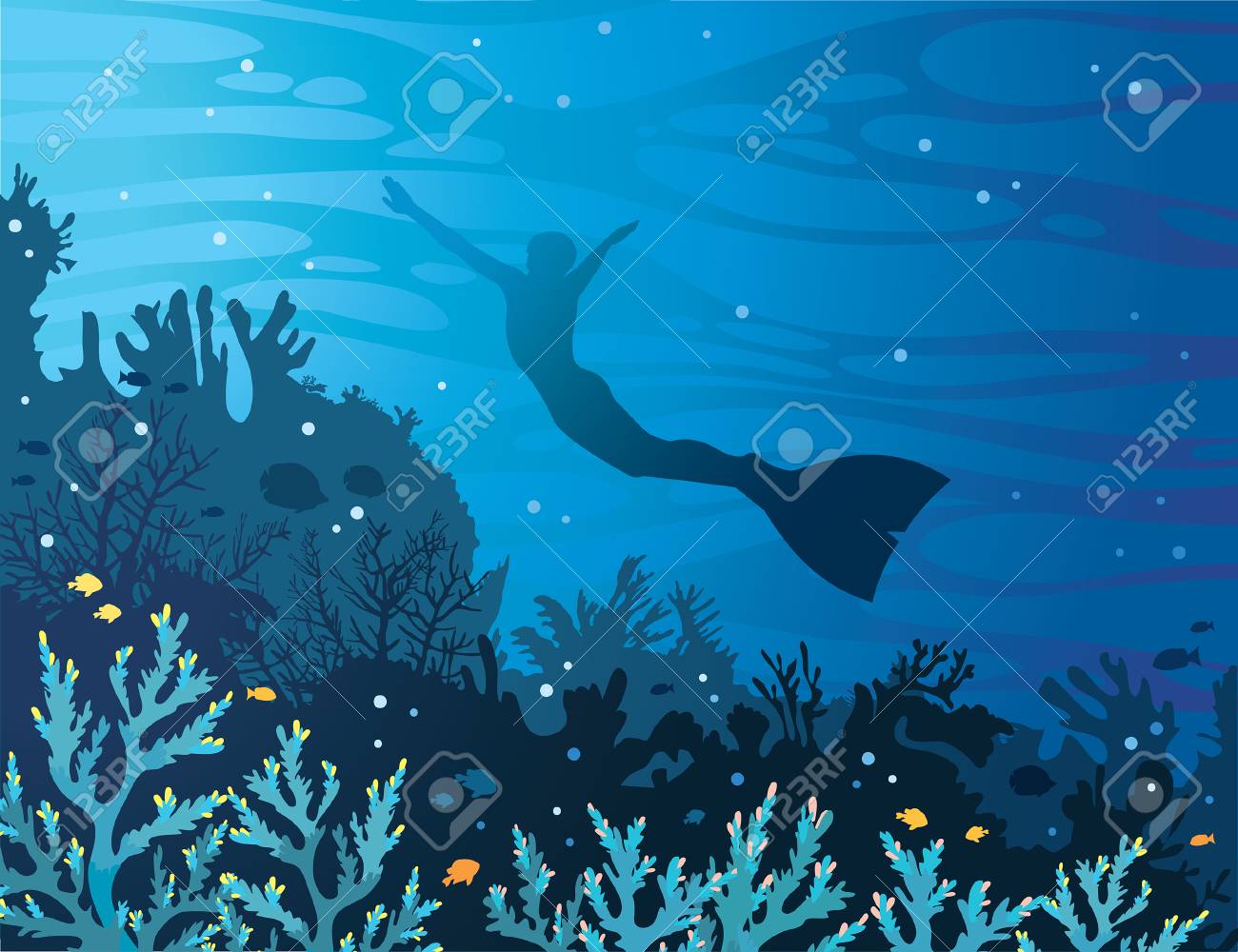 青いサンゴ礁の魚と海の背景にモノフィンでフリーダイバーのシルエット 水中のベクター イラストです ウォーター スポーツ のイラスト素材 ベクタ Image
