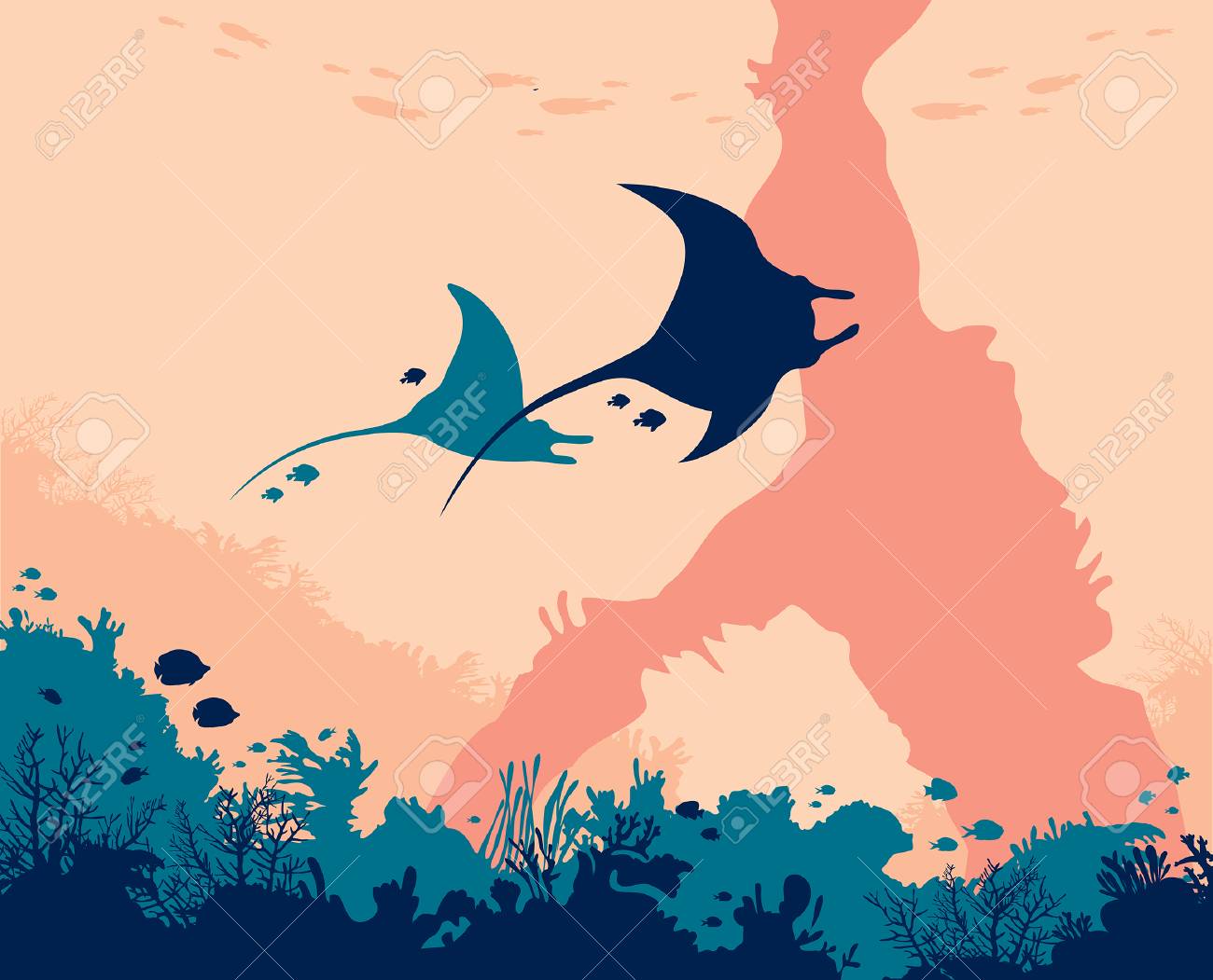 グラフィックの水中自然と海洋野生動物 2 つのマンタ 自然なアーチ サンゴ礁や海の中の熱帯魚のシルエット ベクトルの図 のイラスト素材 ベクタ Image