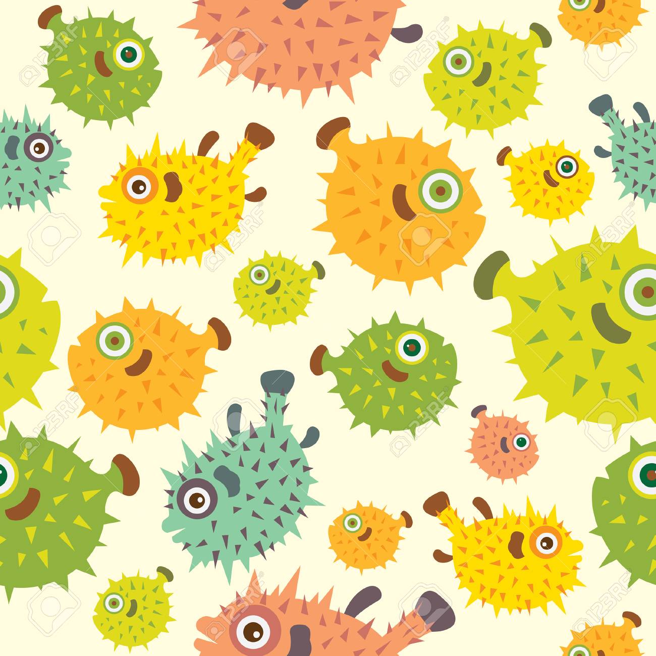 Vector Seamless Pattern With Color Ballon Fish On A Yellow Background Cartoon Wallpaper With Pufferfish Royalty Free Cliparts Vectors And Stock Illustration Image 89504743