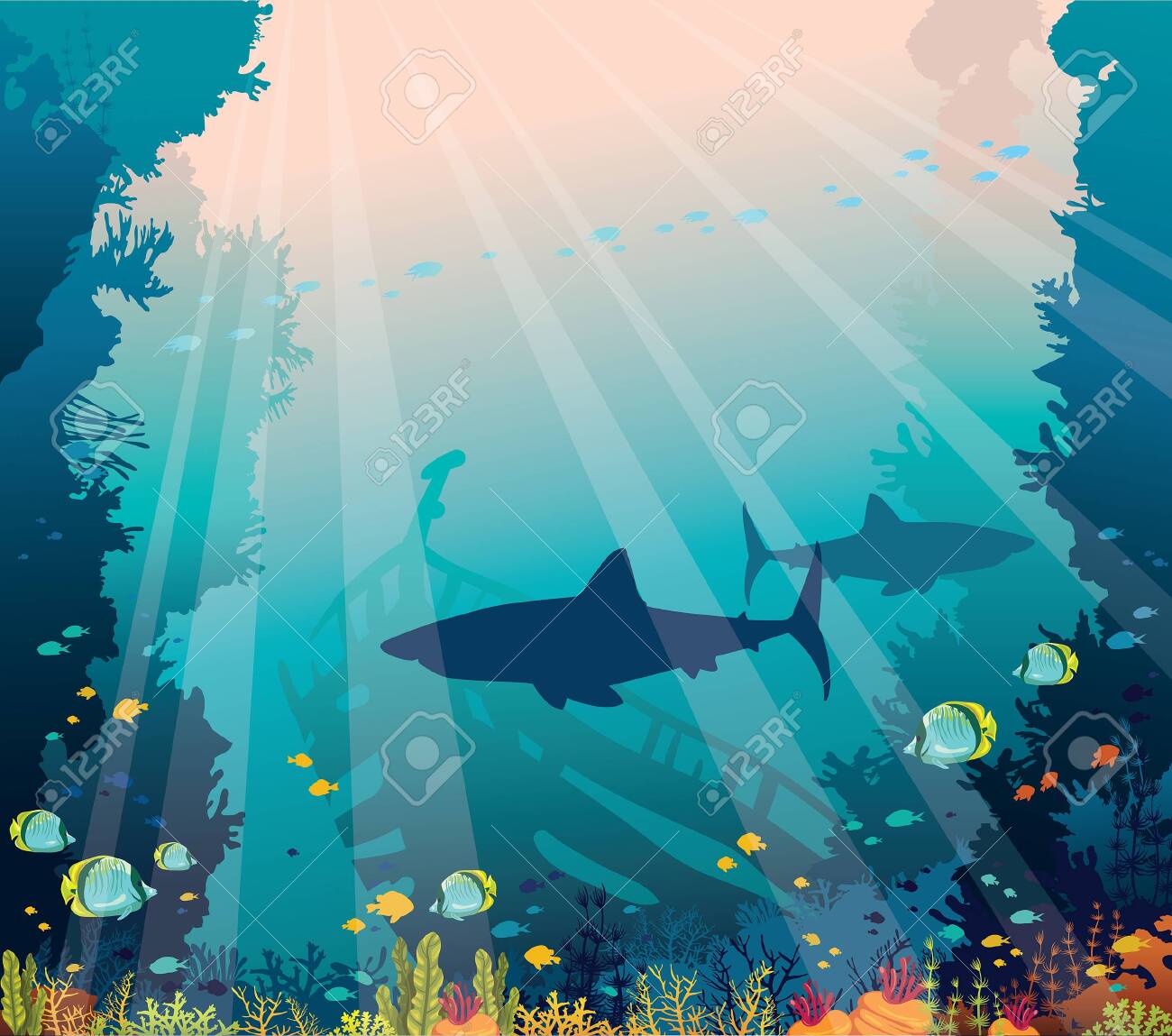 Underwater nature and marine wildlife. Silhouette of sharks, sunken ship, school of tropical fishes and coral reef on a blue sea background. - 122473674 Underwater nature and marine wildlife. Silhouette of sharks, sunken ship, school of tropical fishes and coral reef on a blue sea background. - 122473674