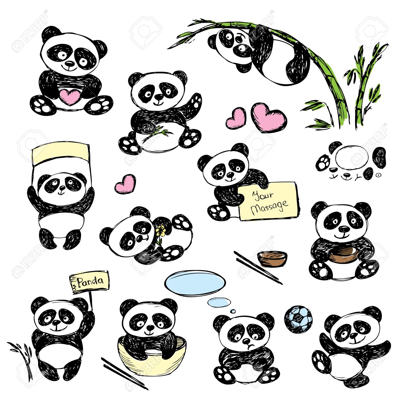 様々 なポーズでかわいいパンダを設定 図面を手でベクトルのイラスト素材 ベクタ Image