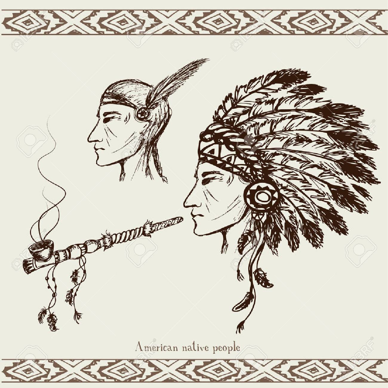 インディアンの戦士 水彩画と装飾品 平和のパイプ 平和の象徴 カナダ