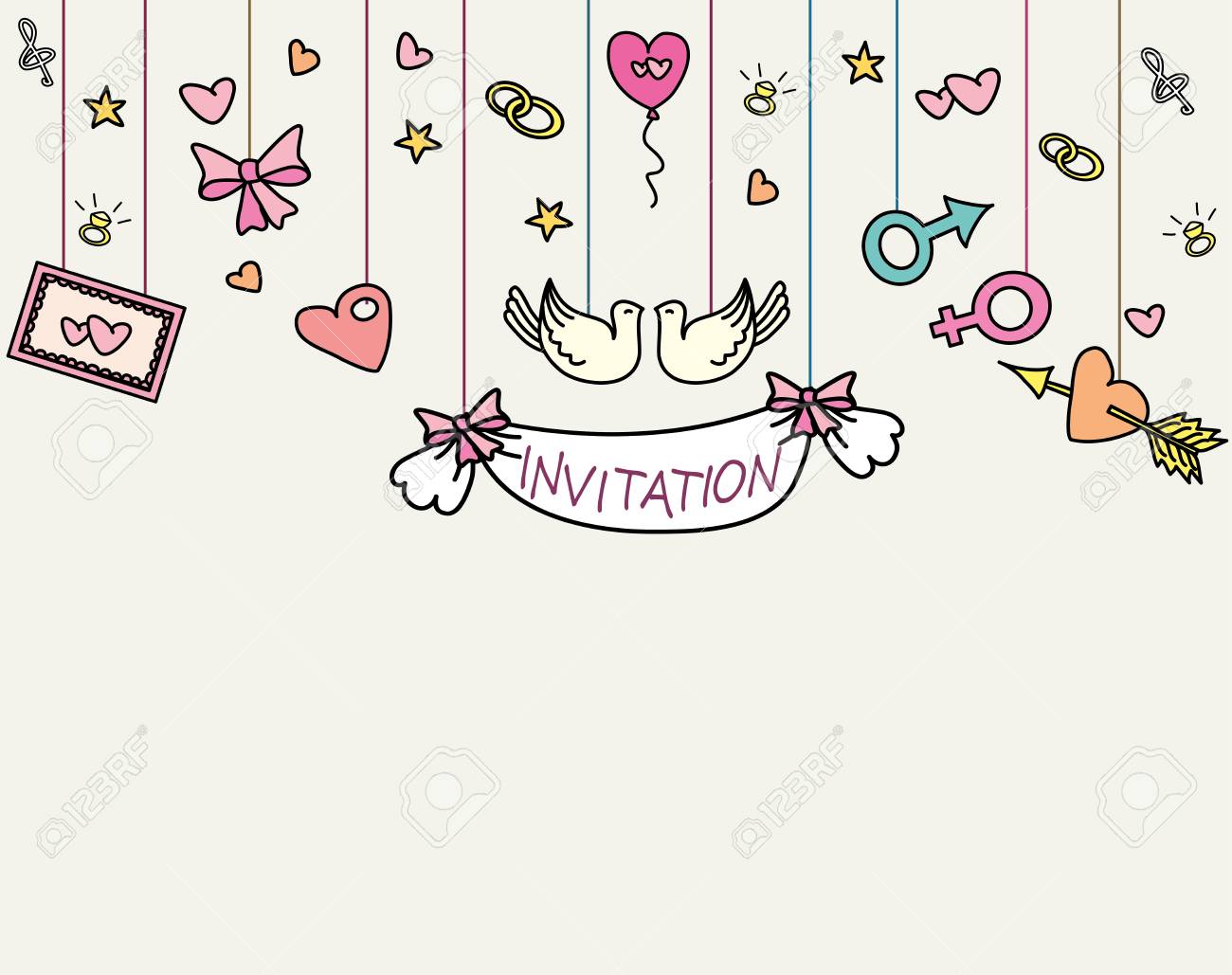 doodle wedding invitation card, hand drawn, vector illustration